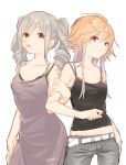  2girls :d arm_holding belt black_shirt breasts brown_hair casual cleavage dark_illuminate dress drill_hair grey_hair highres idolmaster idolmaster_cinderella_girls kanzaki_ranko long_dress long_hair looking_at_viewer medium_breasts midriff multicolored_hair multiple_girls ninomiya_asuka okazaki_toru open_mouth pants purple_dress purple_hair red_eyes shirt sketch smile spaghetti_strap tank_top twin_drills twintails two-tone_hair white_belt 