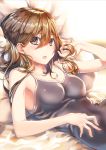  1girl bangs bare_arms bare_shoulders bed_sheet blush breasts brown_hair camisole cleavage collarbone earrings fingernails hair_between_eyes hand_in_hair highres jewelry long_fingernails long_hair looking_at_viewer medium_breasts on_bed original parted_lips pillow red_eyes solo upper_body yuu_knmy 