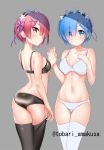 2girls :o abs adjusting_clothes adjusting_legwear amakusa_tobari ass back bangs black_bra black_legwear black_panties black_vs_white blue_eyes blue_hair blush bra breasts cleavage commentary_request eyebrows_visible_through_hair eyes_visible_through_hair from_behind gluteal_fold grey_background hair_ornament hair_over_one_eye hand_on_own_chest hands_in_pockets lace lace-trimmed_bra lace-trimmed_panties lingerie looking_at_viewer looking_back maid_headdress medium_breasts multiple_girls navel panties parted_lips ram_(re:zero) re:zero_kara_hajimeru_isekai_seikatsu red_eyes redhead rem_(re:zero) ribbon short_hair siblings sisters skindentation standing thigh-highs thigh_gap thighs twitter_username underwear underwear_only white_bra white_legwear white_panties work_in_progress x_hair_ornament