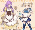  2girls apron armor arrow_(symbol) belt blonde_hair blouse blue_eyes blue_footwear blue_skirt blush boots bracelet breastplate breasts brown_belt brown_eyes circlet clenched_hands commentary cosplay costume_switch cowboy_shot crinoline dress eyebrows_visible_through_hair fire_emblem fire_emblem:_the_blazing_blade fire_emblem_awakening florina_(fire_emblem) florina_(fire_emblem)_(cosplay) flower frilled_apron frilled_dress frills hands_on_hips happy haru_(nakajou-28) headdress jewelry juliet_sleeves lissa_(fire_emblem) lissa_(fire_emblem)_(cosplay) long_hair long_sleeves looking_at_viewer looking_down maid_apron medium_breasts multiple_girls open_mouth pauldrons pleated_skirt puffy_sleeves purple_hair short_sleeves shoulder_armor simple_background skirt sparkle star_(symbol) thigh-highs thigh_boots twintails twitter_username underbust white_blouse wrist_cuffs yellow_dress zettai_ryouiki 