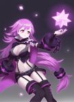  1girl arm_belt bangs belt black_shorts breasts bustier cape chains cleavage cuffs detached_sleeves forever_7th_capital garter_straps grey_background highres large_breasts long_hair low-tied_long_hair lulu_(forever_7th_capital) midriff navel pale_skin parted_lips purple_hair short_shorts shorts solo suspenders thigh-highs underbust very_long_hair violet_eyes ziko 
