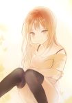  1girl black_legwear bra_strap brown_hair closed_mouth crossed_arms feet_out_of_frame long_hair long_sleeves looking_at_viewer lpip off_shoulder orange_eyes orange_hair original sitting sleeves_past_wrists smile solo sweater thigh-highs 