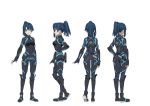  1girl ass ass_visible_through_thighs black_bodysuit black_footwear blue_bodysuit blue_gloves blue_hair bodysuit breasts character_sheet clenched_hand egao_no_daika from_behind from_side full_body gloves grey_footwear gun gun_request hair_ornament hairclip highres kneepits light_blue_eyes looking_at_viewer medium_breasts mole mole_under_eye multiple_views nakamura_naoto official_art open_hand parted_lips pilot_suit ponytail profile shiny shiny_hair sideways_mouth simple_background smile standing stella_shining weapon white_background 