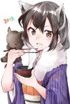  1girl 2019 :d alternate_costume animal_ear_fluff animal_ears black_hair bowl brown_eyes chinese_zodiac chopsticks commentary_request common_raccoon_(kemono_friends) fang fur_collar grey_hair highres japanese_clothes kemono_friends kimono looking_at_viewer medium_hair mochi multicolored_hair nanana_(nanana_iz) new_year obi open_mouth pig raccoon_ears sash simple_background smile solo upper_body white_background year_of_the_pig 