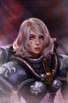  1girl adepta_sororitas armor bob_cut commentary cross english_commentary highres looking_at_viewer olga_narhova power_armor scar scar_across_eye solo upper_body violet_eyes warhammer_40k white_hair 