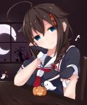  1girl ahoge blue_eyes braid brown_hair fingerless_gloves gloves hair_between_eyes hair_flaps hair_ornament halloween highres kantai_collection looking_at_viewer shigure_(kantai_collection) single_braid smile solo yoriha_yashiro 