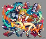  2girls :d absurdly_long_hair aqua_eyes aqua_hair bangs black_footwear black_skirt blonde_hair blush boots bracelet breasts cleavage commentary_request computer_tower detached_sleeves gradient_hair green_hair grey_background grey_shirt hair_between_eyes hand_on_headphones hatsune_miku headphones headphones_around_neck highres holding holding_paper jewelry leaning_on_object long_hair looking_at_another looking_at_viewer miniskirt multicolored_hair multiple_girls nou official_art open_mouth paper pleated_skirt pointing print_shirt record red_shirt sandals shirt short_shorts short_sleeves shorts shoulder_cutout shoumetsu_toshi_2 skirt smile speaker star star_print swivel_chair thigh-highs thigh_boots tied_shirt twintails very_long_hair vocaloid watermark waveform white_shorts yellow_eyes 