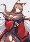  1girl amagi_(azur_lane) animal_ears azur_lane bare_shoulders blue_eyes breasts brown_hair choker cleavage collarbone commentary_request eyebrows_visible_through_hair fox_ears grey_background japanese_clothes jewelry large_breasts long_hair long_sleeves looking_at_viewer parted_lips petals ring simple_background sleeves_past_fingers sleeves_past_wrists solo standing thick_eyebrows white_choker wide_sleeves yuzu-aki 