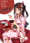  1girl 2019 absurdres arrow bangs bowl brown_hair chinese_zodiac chopsticks commentary_request cup eating ema floral_print flower hair_flower hair_ornament hair_ribbon hamaya hand_up happy_new_year highres holding holding_bowl holding_chopsticks japanese_clothes kanzashi kikumon kimono long_hair long_sleeves looking_at_viewer maki_(maki_pei) new_year obi one_side_up original pink_kimono print_kimono red_flower ribbon sash sidelocks sitting solo steam swept_bangs teapot translated tray violet_eyes white_flower wide_sleeves year_of_the_pig 