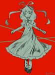 1girl arms_up artist_name closed_mouth dress facing_viewer ferricblue full_body greyscale hair_ribbon kagiyama_hina monochrome red_background ribbon short_sleeves smile solo standing touhou