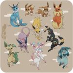  absurdres black_eyes blue_eyes brown_background brown_eyes carolina_patrao closed_mouth commentary creature creatures_(company) eevee english_commentary espeon evolution flareon full_body game_freak gen_1_pokemon gen_2_pokemon gen_4_pokemon gen_6_pokemon glaceon highres jolteon jumping leafeon nintendo no_humans open_mouth pokemon pokemon_(creature) red_eyes signature simple_background standing sylveon tongue tongue_out umbreon vaporeon violet_eyes watermark web_address 