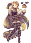  1girl absurdres armpit_peek arms_up bangs belt black_footwear black_legwear blonde_hair blush boots breasts coat contrapposto dress full_body fur-trimmed_coat fur_trim goggles goggles_on_head hand_on_own_head highres ikari_(aor3507) knees_together_feet_apart leg_belt long_hair looking_at_viewer medium_breasts off_shoulder open_clothes open_coat original parted_bangs red_eyes robot sidelocks simple_background sleeveless sleeveless_dress smile solo standing steampunk striped striped_legwear thigh-highs thigh_boots tool_belt toolbox trench_coat very_long_hair white_background wrench 