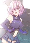  1girl :d armored_leotard breasts cowboy_shot elbow_gloves fate/grand_order fate_(series) gloves hair_over_one_eye holding_shield large_breasts leotard looking_at_viewer mash_kyrielight midriff mishiro_(andante) navel navel_cutout open_mouth pink_hair purple_gloves purple_leotard shield short_hair smile solo standing stomach violet_eyes 