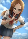  1girl bent_over blue_sailor_collar blue_skirt blue_sky blush brown_eyes brown_hair clouds collarbone cowboy_shot day finger_to_mouth hand_on_hip index_finger_raised karakai_jouzu_no_takagi-san long_hair looking_at_viewer masamune_oekaki miniskirt neckerchief outdoors pleated_skirt red_neckwear sailor_collar school_uniform serafuku shiny shiny_hair shirt short_sleeves skirt sky smile solo standing takagi-san white_shirt 