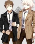  2boys ahoge alternate_costume belt black_jacket bracelet brown_belt brown_hair brown_jacket brown_legwear closed_mouth commentary_request cowboy_shot dangan_ronpa feet_out_of_frame green_eyes hair_between_eyes half-closed_eyes hinata_hajime jacket jewelry kame4282 komaeda_nagito male_focus multiple_boys open_clothes open_eyes open_jacket open_mouth shirt short_hair simple_background sleeves_rolled_up standing super_dangan_ronpa_2 watch watch white_hair white_shirt yellow_eyes 