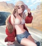  1girl arm_support bangs bare_shoulders baseball_cap bikini_top blue_sky breasts brown_eyes brown_hair buttons car cleavage closed_mouth clouds collarbone cutoffs day denim denim_shorts desert earrings fur-trimmed_jacket fur_trim ground_vehicle hand_on_headwear hand_up hat head_tilt highres jacket jewelry lipstick long_hair long_sleeves looking_at_viewer makeup medium_breasts motor_vehicle nail_polish navel off_shoulder open_clothes open_jacket original outdoors puffy_sleeves red_jacket red_nails short_shorts shorts sidelocks sitting sky solo stomach swept_bangs teffish thighs white_bikini_top white_hat zipper 