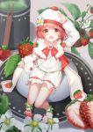  1girl :o absurdres arm_up bag bangs beret bloomers blurry blurry_background blush commentary_request cup daifuku depth_of_field dot_nose eyebrows_visible_through_hair fingernails flower flower_pot food food_fantasy food_themed_clothes fruit full_body green_tea hand_on_headwear hat hat_flower highres ichigo_daifuku_(food_fantasy) in_food long_sleeves looking_at_viewer mary_janes minigirl nail_polish open_mouth plate pottery red_eyes red_footwear redhead seero shirt shoes shoulder_bag sitting sleeves_past_wrists socks solo strawberry strawberry_blossoms tea underwear wagashi white_bloomers white_flower white_hat white_legwear white_nails white_shirt 