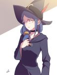  1girl black_dress black_hat choker collarbone dress glasses hair_over_shoulder hat hat_feather hood hood_down hooded_dress little_witch_academia looking_at_viewer muki_(mayuiki) red_eyes red_feathers solo standing ursula_charistes witch_hat 