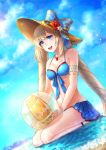  1girl :d ball beachball bikini bikini_skirt blue_bikini blue_bow blue_eyes blue_skirt blue_sky bow breasts cleavage clouds collarbone day dutch_angle fate/grand_order fate_(series) flower front-tie_bikini front-tie_top full_body hat hat_bow hat_flower hibiscus highres holding holding_ball jewelry kkkok_a kneeling long_hair marie_antoinette_(fate/grand_order) marie_antoinette_(swimsuit_caster)_(fate) medium_breasts necklace open_mouth outdoors pleated_skirt red_flower silver_hair skirt sky smile solo striped striped_bow sun_hat sunlight swimsuit twintails very_long_hair white_flower yellow_hat 