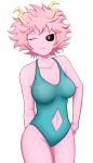  1girl absurdres ashido_mina bare_shoulders black_sclera boku_no_hero_academia eyebrows_visible_through_hair highres horns looking_at_viewer one_eye_closed pink_hair pink_skin shinjicoca short_hair simple_background smile solo standing swimsuit white_background yellow_eyes 