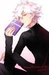  1boy ahoge alternate_costume black_sweater commentary_request dangan_ronpa eyebrows_visible_through_hair gift green_eyes hair_between_eyes hand_on_own_arm happy_birthday holding holding_gift kame4282 komaeda_nagito long_sleeves looking_at_viewer male_focus number short_hair simple_background smile solo super_dangan_ronpa_2 sweater upper_body white_background white_hair 
