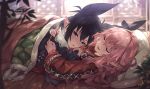  2girls =_= animal_ear_fluff animal_ears backlighting bangs bed black_hair black_ribbon black_shirt blanket blurry blurry_foreground blush checkered closed_eyes collared_shirt commentary_request day depth_of_field frilled_sleeves frills hair_between_eyes hair_intakes hair_ribbon half-closed_eyes highres hug indoors lace_trim light light_rays long_hair long_sleeves lying mano_(narumi_arata) multiple_girls narumi_arata nose_bubble on_back on_bed original parted_lips pillow pink_hair plant pointy_ears recri red_shirt revision ribbon shirt short_hair sidelocks sleeping sleeves_past_wrists teeth violet_eyes wavy_hair window 