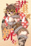  1girl 2019 animal_ears ass ayataka back_cutout bangs bare_shoulders blush boar_ears brown_hair brown_hairband brown_kimono closed_mouth detached_sleeves egasumi eyebrows_visible_through_hair fang fang_out floral_background from_side fur-trimmed_legwear fur-trimmed_sleeves fur_collar fur_trim hairband highres japanese_clothes kimono leaning long_sleeves looking_at_viewer looking_to_the_side motion_lines obi original print_legwear round_eyewear sash short_hair short_kimono smile solo tail violet_eyes wide_sleeves 