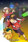  1girl 2boys :d backwards_hat baseball_cap black_eyes black_hair breasts brown_eyes brown_hair checkered checkered_background chikorita closed_eyes closed_mouth commentary creature creatures_(company) cyndaquil english_commentary full_body game_freak gen_2_pokemon gold_(pokemon) happy hat holding holding_poke_ball kaze-hime kotone_(pokemon) long_sleeves marill multiple_boys nintendo open_mouth overalls pants poke_ball poke_ball_(generic) pokemon pokemon_(creature) pokemon_(game) pokemon_hgss red_eyes shoes silver_(pokemon) small_breasts smile twintails watermark web_address white_hat yellow_eyes 