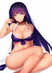  1girl bangs bikini blue_bikini blue_eyes blue_ribbon blunt_bangs breasts choker cleavage closed_mouth commentary_request eyebrows_visible_through_hair fate/grand_order fate_(series) frilled_bikini frills hair_ribbon hand_in_hair hand_up large_breasts long_hair navel purple_hair red_choker ribbon saint_martha saisarisu sitting smile solo straight_hair swimsuit very_long_hair white_background yokozuwari 