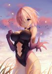  1girl black_leotard blue_sky breasts chariot.f cleavage cowboy_shot day elbow_gloves eyebrows_visible_through_hair fate/grand_order fate_(series) gloves hair_over_one_eye large_breasts leotard looking_at_viewer mash_kyrielight midriff navel navel_cutout outdoors pink_hair purple_gloves short_hair sky smile solo standing stomach violet_eyes 