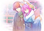  1boy 1girl alternate_hairstyle animal_ear_fluff animal_ears aqua_kimono blush brown_eyes brown_hair brown_kimono closed_eyes closed_mouth fang fate/extra fate/extra_ccc fate/grand_order fate_(series) floral_print flower fox_ears fox_tail fur_collar fur_trim hair_flower hair_ornament heart highres japanese_clothes kimono kishinami_hakuno_(male) long_sleeves looking_at_viewer new_year obi pink_hair sash scarf short_hair smile tail tamamo_(fate)_(all) tamamo_no_mae_(fate) wide_sleeves wisespeak yukata 