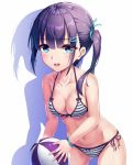  1girl aya223 ball beachball bikini blue_eyes breasts chinese_commentary cleavage commentary_request cowboy_shot hair_over_shoulder leaning_forward long_hair medium_breasts open_mouth original purple_hair shadow side-tie_bikini side_ponytail simple_background smile solo striped striped_bikini swimsuit white_background 