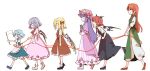 6+girls :d ^_^ apron ascot baggy_pants bangs bat_wings black_dress black_footwear blonde_hair bloomers blue_bow blue_dress blue_footwear blue_hair blue_ribbon book bow braid closed_eyes closed_eyes commentary_request crystal demon_wings dress eyebrows_visible_through_hair flag flandre_scarlet full_body green_skirt green_vest hair_bow hat hat_bow head_wings high_heels holding holding_book holding_flag hong_meiling izayoi_sakuya koakuma long_hair mob_cap multiple_girls no_hat no_headwear one_side_up open_mouth orange_hair pants patchouli_knowledge petticoat pink_dress pointy_ears puffy_short_sleeves puffy_sleeves purple_capelet purple_dress purple_footwear purple_hat red_bow red_footwear red_neckwear red_ribbon red_skirt red_string red_vest remilia_scarlet ribbon shirt shoe_ribbon shoes short_hair short_sleeves side_slit silver_hair simple_background skirt skirt_lift smile souta_(karasu_no_ouchi) string striped touhou triangular_headpiece underwear vertical-striped_dress vertical_stripes very_long_hair vest waist_apron walking white_apron white_background white_bloomers white_footwear white_pants white_shirt wings yellow_neckwear younger |_| 