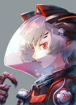  1girl claws cybernetic_parts formal grey_background helmet ken-fukuda looking_at_viewer open_mouth original red_eyes science_fiction short_hair solo spacesuit suit upper_teeth white_hair 
