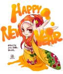  1girl closed_mouth commentary_request dated english_text floral_print flower from_side hair_flower hair_ornament happy_new_year highres ink japanese_clothes joshua2368 kimono long_sleeves looking_at_viewer looking_to_the_side new_year obi octoling orange_eyes orange_hair reaching_out red_flower sash simple_background smile solo splatoon splatoon_(series) splatoon_2 standing tentacle_hair translated white_background wide_sleeves yellow_kimono 