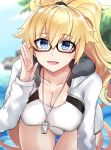  1girl absurdres bangs beach black-framed_eyewear blush breasts cleavage collarbone fate/grand_order fate_(series) glasses hair_between_eyes highres hips hood hooded_jacket jacket jeanne_d&#039;arc_(fate)_(all) jeanne_d&#039;arc_(swimsuit_archer) large_breasts leaning_forward long_hair looking_at_viewer one-piece_swimsuit open_clothes open_jacket open_mouth outdoors ponytail sky smile solo swimsuit thighs very_long_hair whistle white_jacket white_swimsuit yorei_(death0813) 