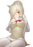  1girl alpaca_ears alpaca_suri_(kemono_friends) alpaca_tail animal_ears blush eyebrows_visible_through_hair fur_collar fur_trim hair_bun hair_over_one_eye kemono_friends long_sleeves mia_(miaflocon) neck_ribbon pantyhose ribbon short_hair shorts sitting solo sweater tail vest white_hair 