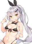  1girl :q bangs bare_shoulders bikini black_bikini black_bow black_neckwear black_ribbon bow bowtie breasts cleavage collarbone commentary eyebrows_visible_through_hair five-seven_(girls_frontline) girls_frontline hair_ribbon head_tilt highres long_hair looking_at_viewer medium_breasts multi-strapped_bikini navel ribbon rikoma side_ponytail silver_hair simple_background skindentation solo stomach string_bikini swimsuit tongue tongue_out under_boob upper_body v very_long_hair white_background yellow_eyes 