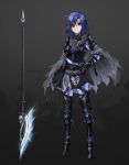  1girl absurdres aesur_a alternate_costume blue_hair bone breastplate cape closed_mouth fire_emblem fire_emblem:_mystery_of_the_emblem fire_emblem_heroes frown full_body greaves grey_background hair_over_one_eye headband highres katua lance nintendo polearm see-through short_hair simple_background skeleton skirt solo standing torn_cape torn_clothes twitter_username weapon white_headband 