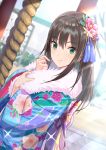  1girl back_bow bangs black_hair blue_kimono blurry blurry_background blush bow closed_mouth commentary_request day depth_of_field dutch_angle eyebrows_visible_through_hair floral_print flower fur green_eyes hair_flower hair_ornament hands_up idolmaster idolmaster_cinderella_girls japanese_clothes kimono long_hair long_sleeves outdoors pink_flower print_kimono rope shibuya_rin sidelocks smile solo tamakaga tassel upper_body wide_sleeves 