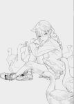  1girl :/ animal_ears bird blush braid closed_mouth duck earrings extra_ears fkey from_side grey_background greyscale jewelry long_hair long_sleeves looking_at_viewer looking_to_the_side monochrome original shoes simple_background sitting sneakers solo sweater 
