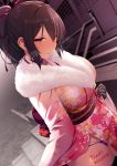  1girl bangs black_gloves black_legwear blurry blurry_background blush body_writing breasts brown_hair choker clothes_lift earrings eyes_visible_through_hair floral_print fur_collar glint gloves grin hair_between_eyes hair_ribbon half-closed_eyes head_tilt japanese_clothes jewelry kimono kimono_lift large_breasts lifted_by_self long_hair long_sleeves looking_at_viewer multiple_earrings obi original outdoors panties parted_lips pink_kimono ponytail purple_panties red_eyes red_ribbon ribbon sash satou_kuuki sidelocks sleeves_past_wrists smile solo standing stud_earrings sunset thigh-highs underwear wide_sleeves 