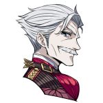  1boy blue_eyes chan_co closed_mouth commentary_request facial_hair fate/grand_order fate_(series) from_side grey_hair james_moriarty_(fate/grand_order) looking_at_viewer looking_to_the_side male_focus mustache portrait simple_background smile solo white_background 