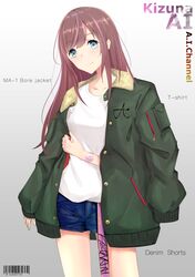  1girl a.i._channel absurdres alternate_costume bangs barcode blue_shorts blush brown_hair casual closed_mouth collarbone cowboy_shot denim denim_shorts english_text eyebrows_visible_through_hair fashion fur_collar gradient gradient_background green_jacket highres jacket kizuna_ai long_hair long_sleeves multicolored_hair mumei_(mumei_7743) open_clothes open_jacket pink_hair shirt shorts sleeves_past_wrists smile solo streaked_hair swept_bangs t-shirt two-tone_hair virtual_youtuber watch white_shirt 