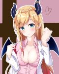  1girl absurdres bangs blazer blonde_hair blush breasts cleavage closed_mouth collarbone collared_shirt demon_girl demon_horns demon_wings eyebrows_visible_through_hair frilled_shirt frills green_eyes hands_up head_tilt heart highres hololive horns jacket kurohikage large_breasts long_hair long_sleeves looking_at_viewer off_shoulder open_clothes open_jacket pink_shirt pointy_ears shirt sidelocks smile upper_body virtual_youtuber white_jacket wing_collar wings yuzuki_choco 