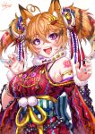  1girl animal_ear_fluff animal_ears armlet bangs bell blue_nails blush boar bow breasts brown_hair chinese_zodiac claw_pose crossed_bangs fangs fox_ears fox_tail fur_collar hair_bell hair_bow hair_ornament hair_ribbon hands_up highres horns japanese_clothes jingle_bell kimono large_breasts long_hair looking_at_viewer nail_art nail_polish obi open_mouth original red_kimono red_nails ribbon sakiyamama sash shoulder_cutout sidelocks signature simple_background smile solo star tail tattoo twintails violet_eyes white_background wide_sleeves year_of_the_pig 