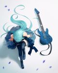 1girl arms_at_sides bang_dream! bare_arms bare_shoulders black_dress black_flower black_footwear black_rose blue_eyes boots commentary_request cross-laced_footwear dress electric_guitar flower from_above full_body guitar highres hikawa_sayo instrument knee_up korean_commentary lace-up_boots npt_(akzkfhsk0503) petals rose sitting sleeveless sleeveless_dress solo striped thigh-highs thigh_boots vertical_stripes