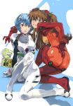  2girls aqua_hair ass ayanami_rei blue_eyes book breasts brown_hair clenched_teeth covered_nipples full_body hair_between_eyes hair_ornament hand_on_own_ass highres long_hair looking_at_viewer looking_back medium_breasts multiple_girls neon_genesis_evangelion open_mouth plugsuit red_eyes short_hair sitting skin_tight souryuu_asuka_langley squatting teeth twintails yasuda_akira 