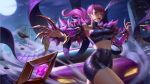  1girl absurdres bangs bare_shoulders breasts building claw_(weapon) commentary_request covered_nipples crop_top earrings evelynn highres idol jewelry k/da_(league_of_legends) k/da_evelynn large_breasts league_of_legends lipstick long_hair looking_at_viewer makeup microphone midriff moon night night_sky purple_hair sky skyscraper solo thighs weapon yellow_eyes yus 