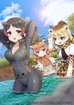 3girls animal_ears arms_behind_head artist_request belt black_bodysuit black_hair blonde_hair blue_sky blush bodysuit bow breast_pocket breasts brown_eyes brown_hair brown_neckwear brown_shirt cleavage clouds collarbone collared_shirt day extra_ears eyebrows_visible_through_hair giraffe_ears giraffe_horns giraffe_print hair_bow hippopotamus_(kemono_friends) hippopotamus_ears horns impala_(kemono_friends) kemono_friends kemono_friends_3:_planet_tours lens_flare long_hair long_sleeves multiple_girls official_art outdoors pleated_skirt pocket print_scarf print_skirt redhead reticulated_giraffe_(kemono_friends) scarf shirt short_over_long_sleeves short_sleeves skirt sky smile splashing sun tree twintails wading watermark white_bow 